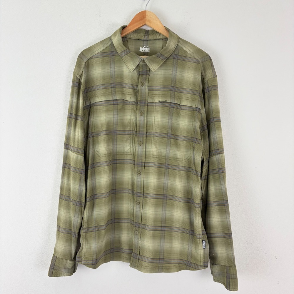 REI Shirt Mens L Sahara Tech Plaid Vented Back Roll Tab Sleeve Stretch Nylon